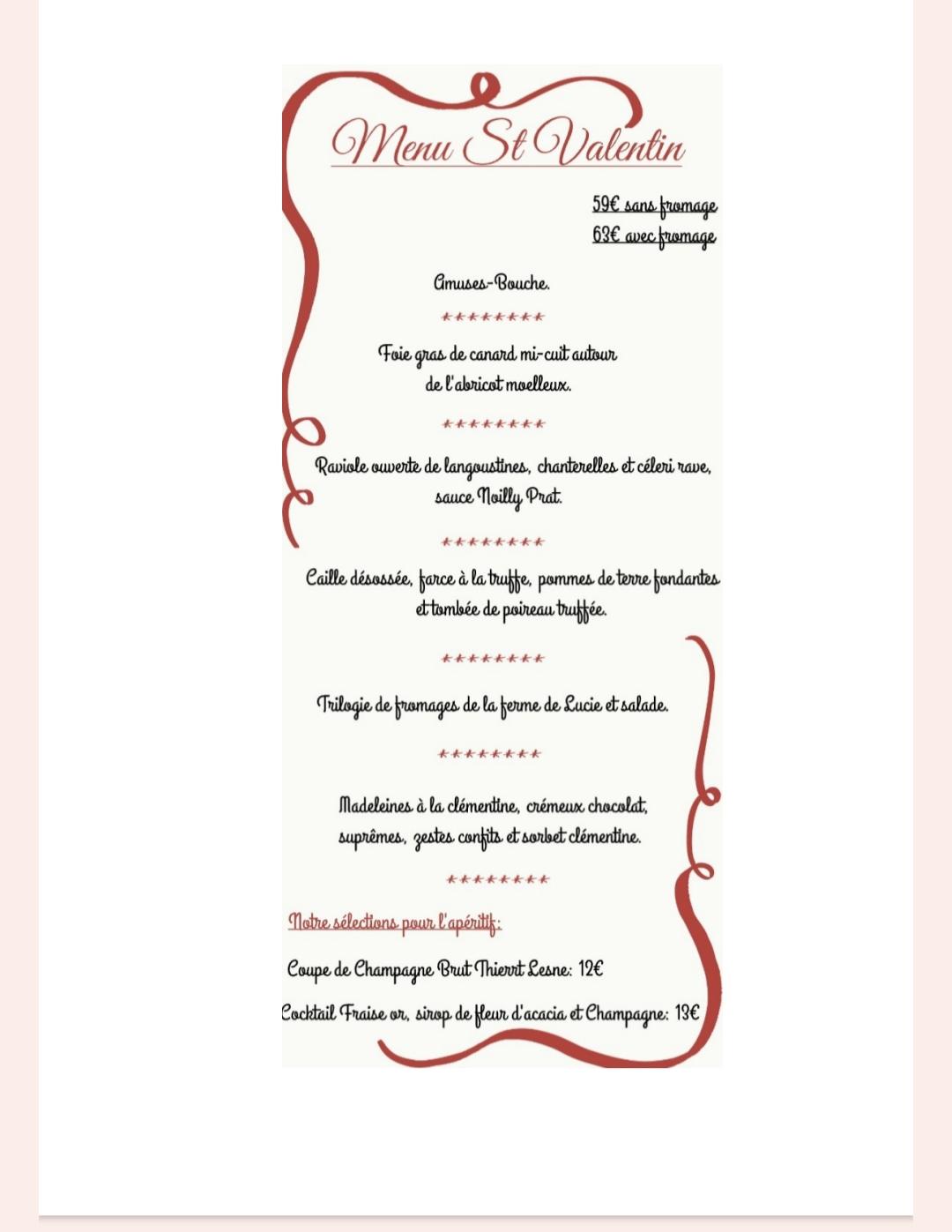Menu de la St Valentin 2026
