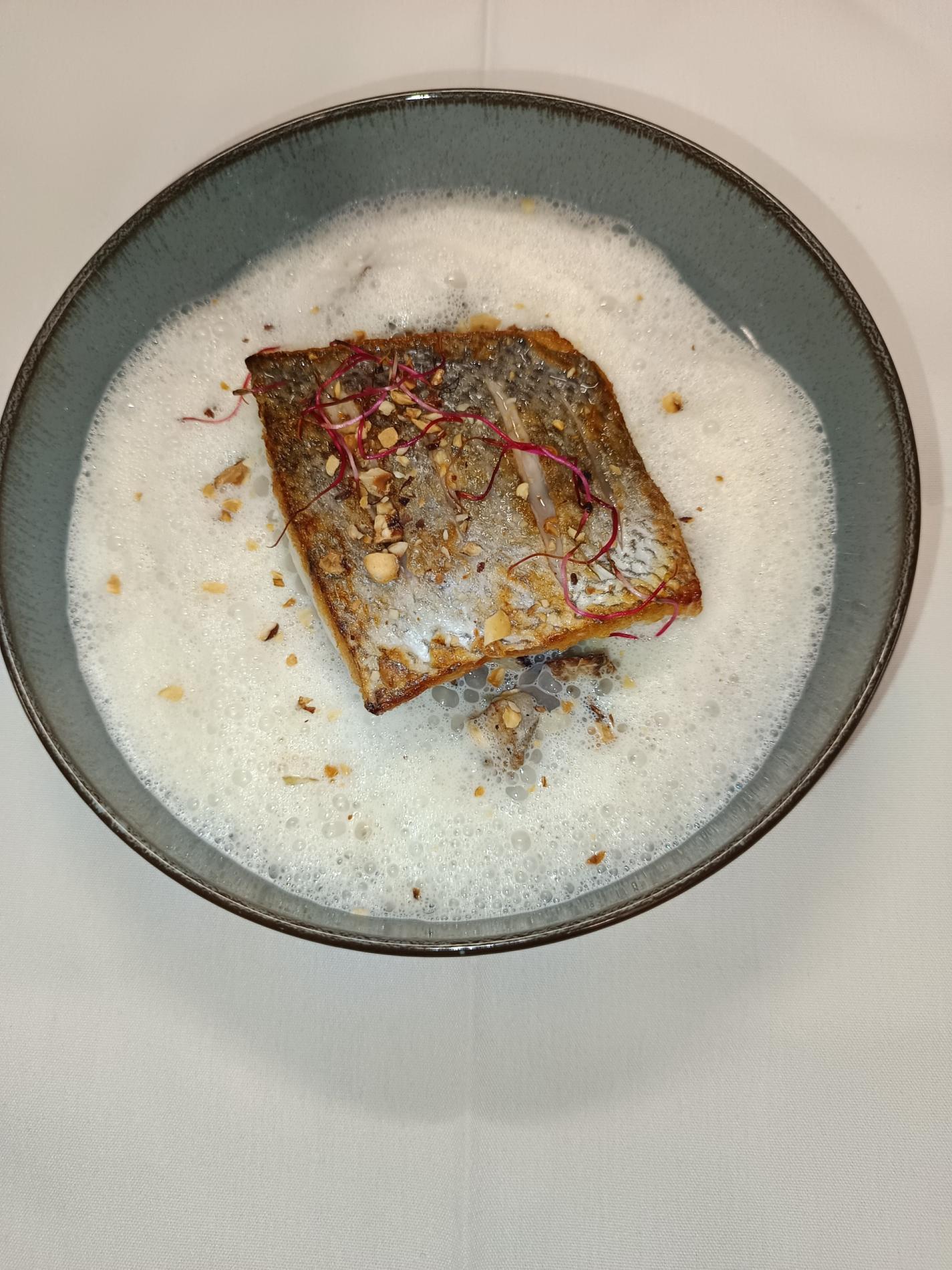 Poisson retour de pêche, mousseline et brunoise d'artichaut, émulsion de fumet de poisson à la noisette.